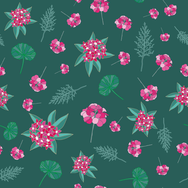 Flores frescas do jardim em flor padrão de repetição sem costura Fundo em rosa, marrom e verde
 - Vetor, Imagem