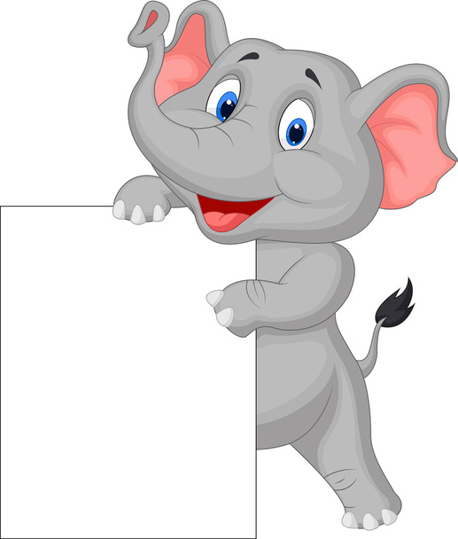 Desenhos animados de elefante engraçado e sinal em branco
 - Vetor, Imagem