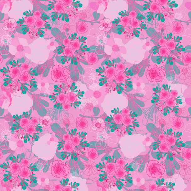 ピンクのバラ-花の咲くシームレスな繰り返しパターン緑、ピンク、白の背景 - ベクター画像