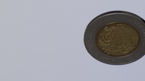Moneda mexicana de 5 pesos girando sobre fondo blanco - Metraje, vídeo
