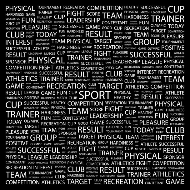 スポーツ。黒の背景に単語のコラージュ - ベクター画像