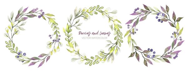 Watercolor greenery wreath, purple and green tints, berries - Vetor, Imagem