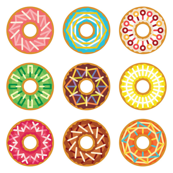 Donuts gezet met geometrische lineaire ornament granules funfetti hagelslag. Kleurrijke dessert koekjes collectie. - Vector, afbeelding