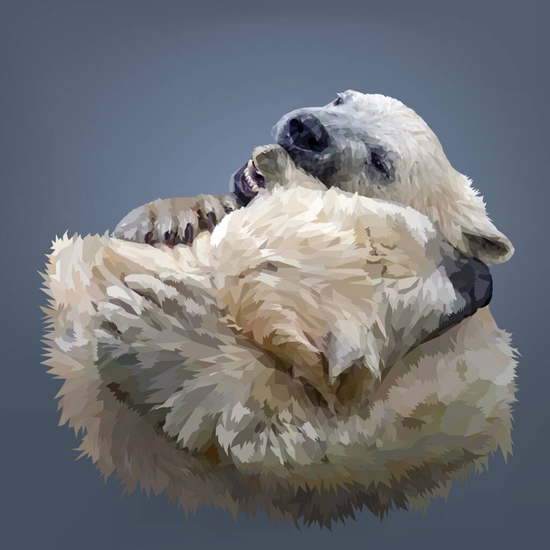 Ein Spiel zweier Eisbären-Jungtiere. Sie umarmen sich mit ihren Pfoten. Der Eisbär versucht, den zweiten am Ohr zu beißen. Polygonale Grafiken. Vektor. Eps10. - Vektor, Bild