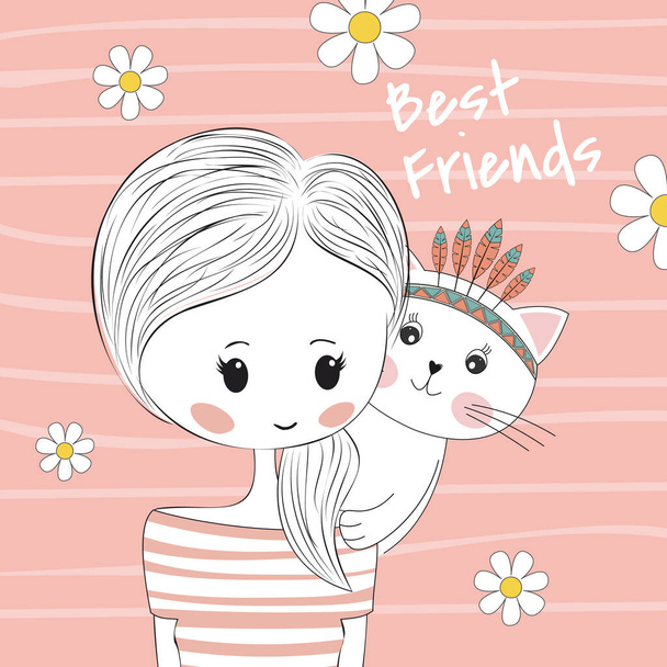 Greeting card cartoon, kitten sits on a girl shoulder. Graphic element for kids, greeting card, cover, poster and t-shirt. Vector illustration. - Vector, Image