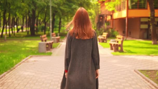 pelirroja mujer de negocios caminando por el callejón levantando las manos
 - Metraje, vídeo