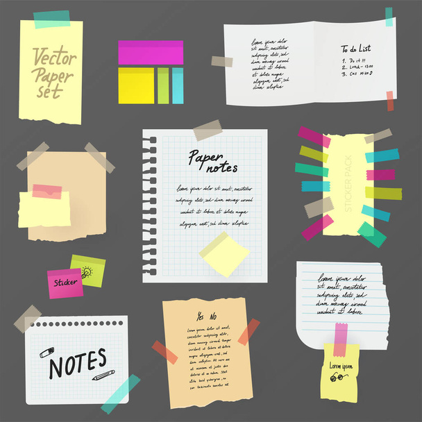 Paper notes on stickers, board, notifications on the fridge, paper notes and stickers, handwritten todo list. - Vektor, kép