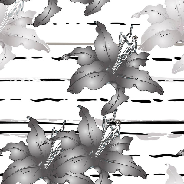 Floral Black and White Seamless Pattern. Stripe - Вектор,изображение