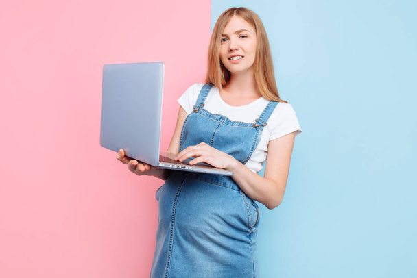 Smiling pregnant woman using a laptop on a pink and blue background, Remote work, shopping for newborns. Online shopping, the concept of pregnancy. - Фото, зображення