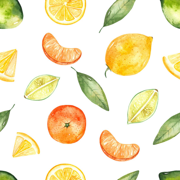 Lemon, lime, mandarin. Citrus fruits on a white background. Watercolor hand painted seamless pattern - Foto, Imagem