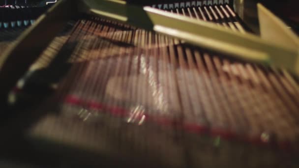 Pianosnaren. Binnenkant van een piano. Pianodraad. Rack focus. - Video