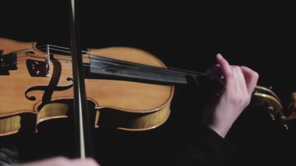 Violinista a tocar violino em câmara lenta. Músico se apresentando em um violino na escuridão no palco. Desempenho
. - Filmagem, Vídeo