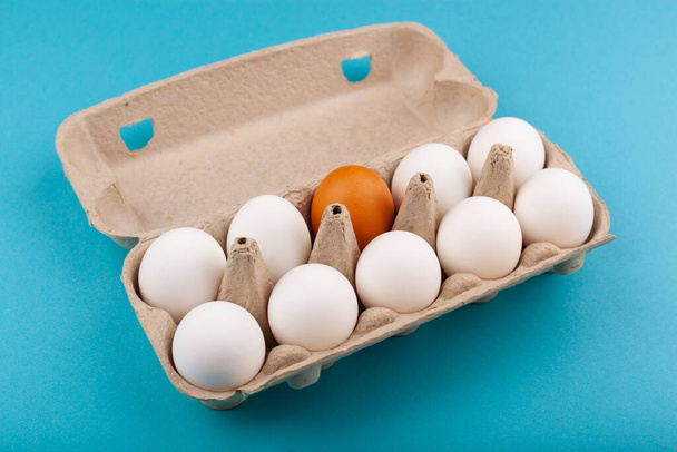 Egg Chicken eggs. Top view of an open gray box with white eggs Isolated on a blue background. One egg of a different color, a brown egg. The concept of focus, an outcast, not like everyone else, LGBT - Foto, Imagem
