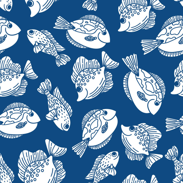 Seamless pattern with white fishes in cartoon style on a trendy blue background. - Vecteur, image