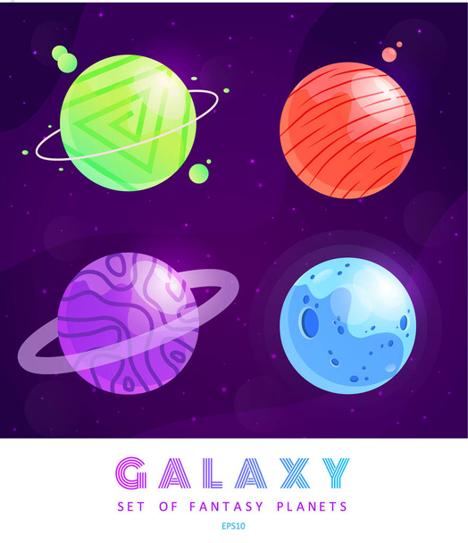 Vector set of cartoon planets. Colorful set of isolated objects. Space background. Fantasy planets. Colorful universe. Game design. Fantasy space planets for ui galaxy game. EPS 10. - Vector, Image