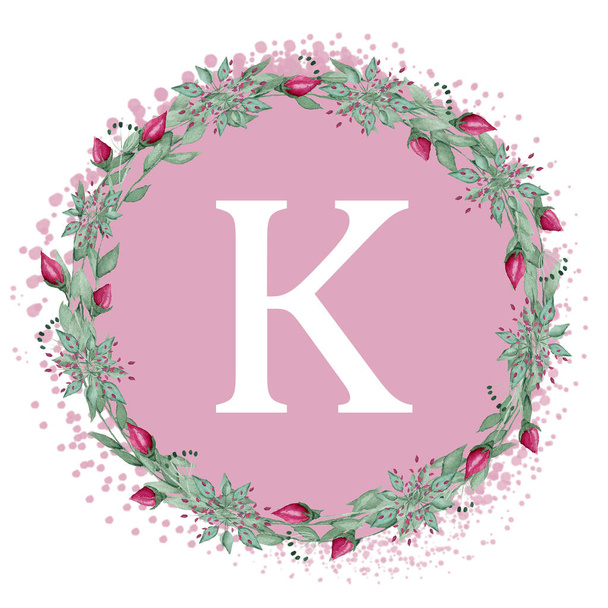 ピンクの背景に白い文字K 。筆の手書き文字。現代のマット・レタリング。枕のデザイン。結婚式のカードの名前の最初の文字. - 写真・画像