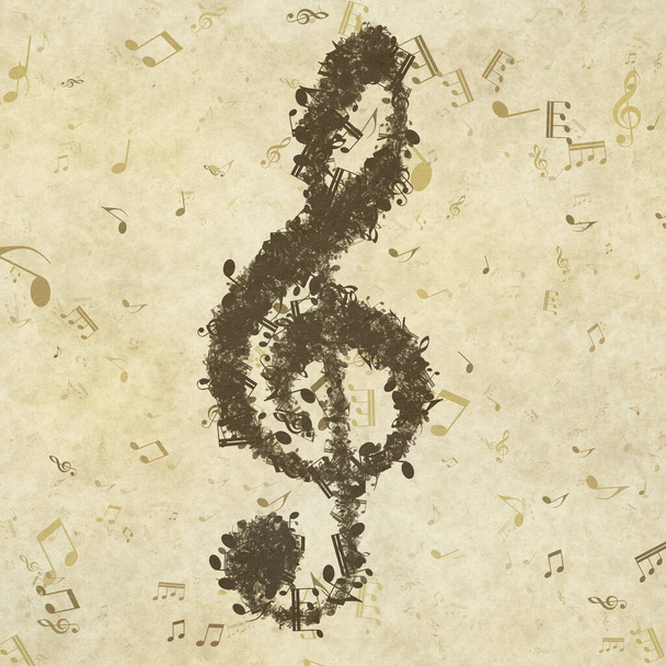 Grunge musical background. Old paper texture, music notes, clef. - Photo, Image