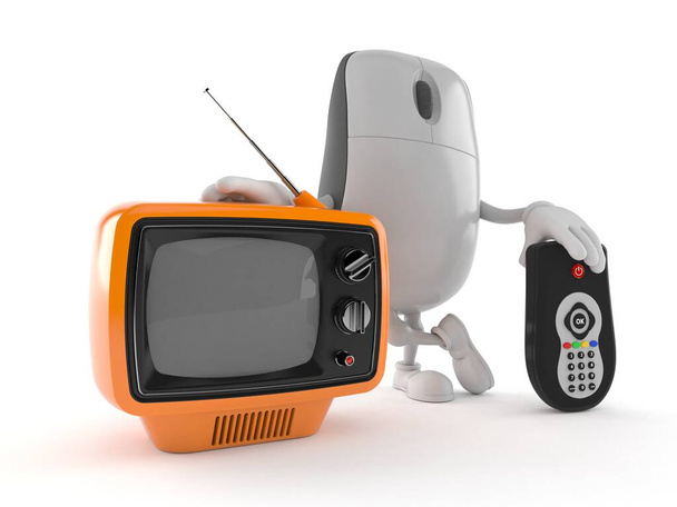 Personaggio del mouse del computer con televisore e remoto isolato su sfondo bianco. Illustrazione 3d
 - Foto, immagini