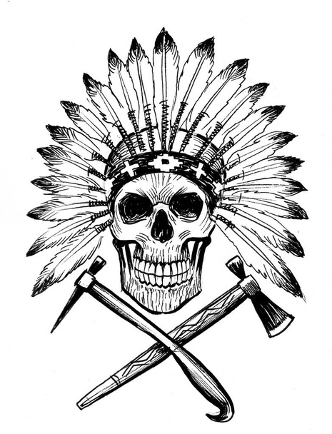 Indian chief skull and tomahawks. Ink black and white drawing - Photo, Image