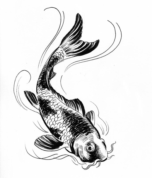 Peixe Koi. Tinta desenho preto e branco
 - Foto, Imagem