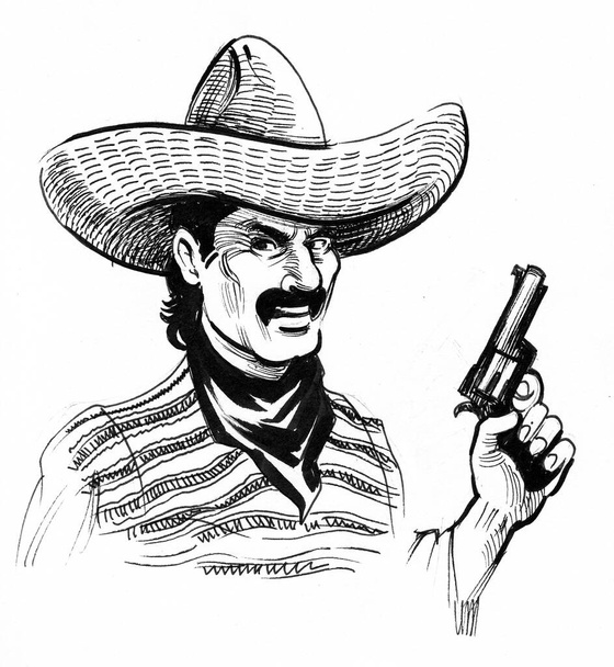 Μεξικάνος ληστής με όπλο. Μελάνι ασπρόμαυρο σχέδιο - Φωτογραφία, εικόνα