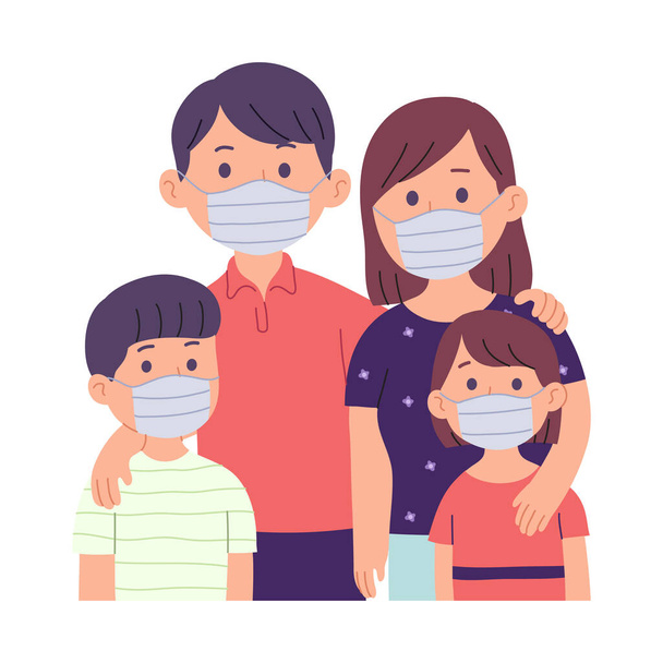 διανυσματική απεικόνιση οικογένειας με μητέρα, πατέρα και δύο παιδιά που φορούν μάσκες επειδή αρρωσταίνουν ή προστατεύονται από τη ρύπανση - Διάνυσμα, εικόνα