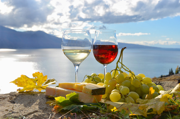 Two wineglasses, cheese and grapes on the terrace of vineyard - Photo, Image