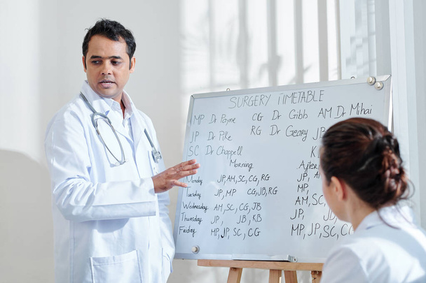 Główny lekarz pokazuje kolegom harmonogram operacji na porannym spotkaniu - Zdjęcie, obraz