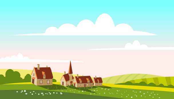 Lovely Countryside landscape village farm green hills fields, nature, bright color blue sky. Spring, summer country scenery panorama agriculture, farming. Vector illustration cartoon style isolated - Vector, Image