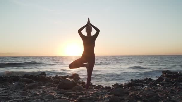 Flexibles kaukasisches Mädchen beim Baum-Yoga Asana am Strand bei Sonnenuntergang - Filmmaterial, Video