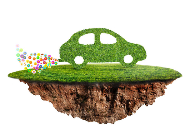 vihreä ympäristöystävällinen auton konsepti valmistettu ruoho ja kukat 3D-kuva
 - Valokuva, kuva