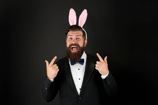 Handsome man wear bunny costume accessory. Easter day. Event host. Celebrate Easter. Let me be your bunny. Celebration Easter holiday. Bearded man with long ears. Businessman with long ears - 写真・画像