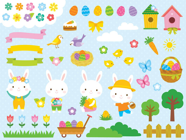 Пасхальный набор клипов с милыми пасхальными кроликами, пасхальными яйцами и другими весенними иллюстрациями
. - Вектор,изображение
