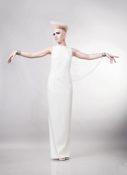 blond magnificent woman in long white dress - Fotoğraf, Görsel