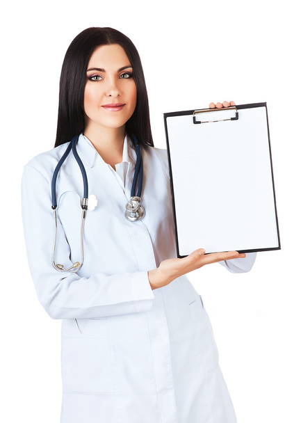 smiling doctor with folder and stethoscope - Фото, изображение