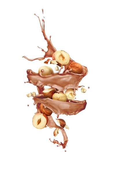 Chocolate splash with hazelnuts on a white background - Photo, Image