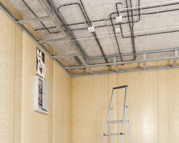 Stretch plafonds profiellijsten met elektrische bedrading op plafond, 3d illustratie - Foto, afbeelding
