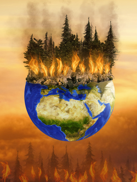 Ilustración conceptual 3D de la quema de bosques en el planeta tierra. Enorme fuego que consume pinos en todo el mundo. Imagen de la Tierra proporcionada por NASA
. - Foto, Imagen