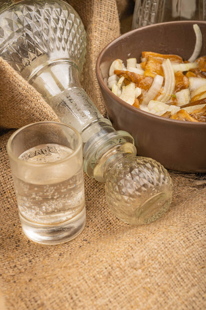 Gesalzene Pilze mit Zwiebeln in einer Keramikschüssel, ein Glas Wodka und eine Karaffe auf einem Hintergrund aus grobem selbstgesponnenem Stoff. Nahaufnahme - Foto, Bild