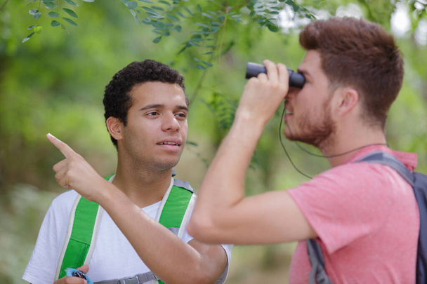 2 male hikers looking through binoculars in forest - Foto, Imagen