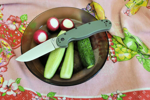 Knife stainless steel blade fresh organic natural gourmet diet product longevity ripe green cucumber red radish plate colors background - Photo, Image