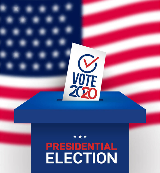 Elections to US Presidential in 2020, preparation of vote against the background of a blurred American flag. Box for ballot in election. Electoral Bulletin with a red check mark. Vote day, November 3 - Vector, Image