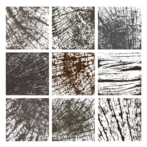 Set of tree rings. Wood square texture of wavy ring pattern from a slice of tree. Grayscale wooden stump. Vector illustration. Isolated on white background. - Vector, Image