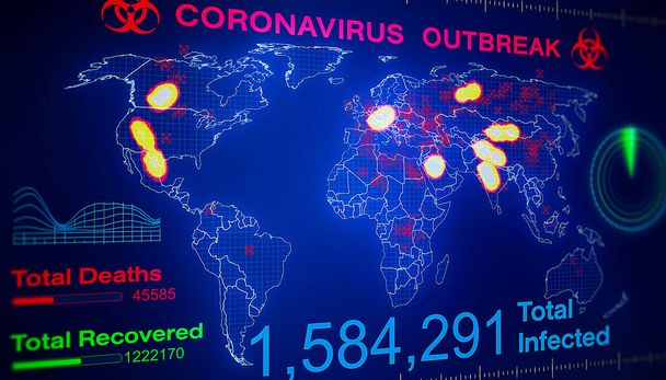 Koronavirüsün salgınını gösteren 3 boyutlu bir dünya haritası. Ekranda enfekte olmuş insan sayısı. - Fotoğraf, Görsel