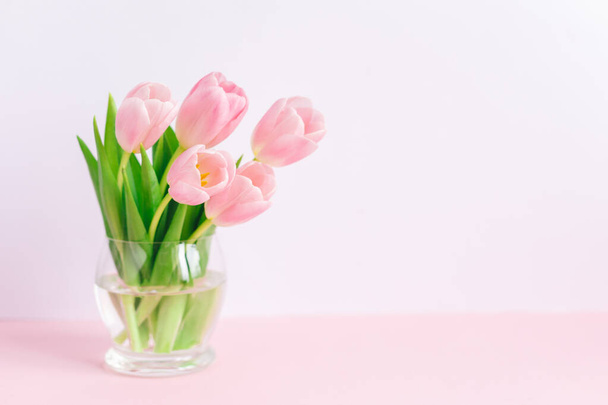 Tender pink tulips in a vase. Greeting card for Women's day.  Place for text.  - Zdjęcie, obraz