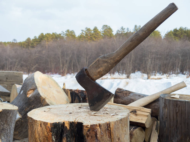 Een houten bijl geplakt in een stam tegen de achtergrond van een winterbos. - Foto, afbeelding