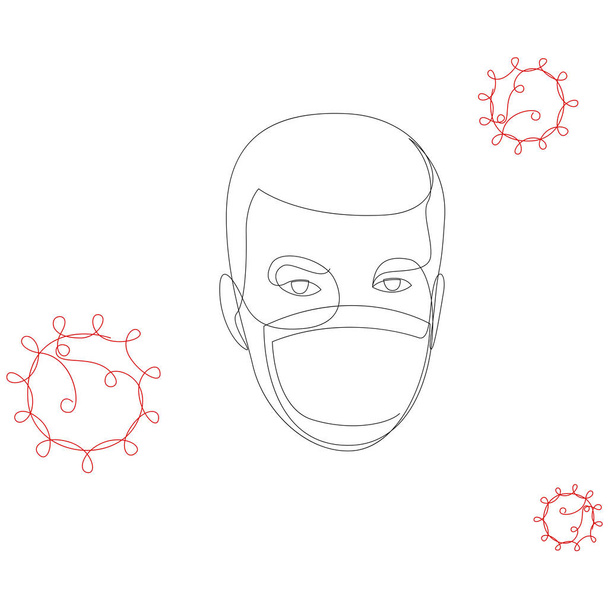 One continuous line drawing medical face mask. Concept of coronavirus. Continuous single drawn person in mask with COVID-19 icons. One line hand-drawn picture silhouette. Line art. doodle. Vector - Vecteur, image