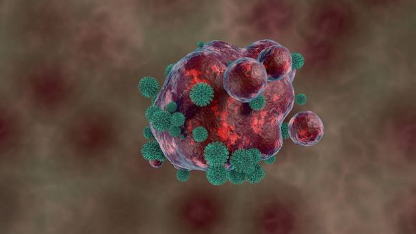 3D απόδοση μικροοργανισμών, ιών και ερυθρών αιμοσφαιρίων σε ένα κύτταρο. Εικονογράφηση για ιατρικές συνθέσεις, την ιδέα της προστασίας της υγείας, την προστασία από το coronavirus. Ιατρικό υπόβαθρο. - Φωτογραφία, εικόνα