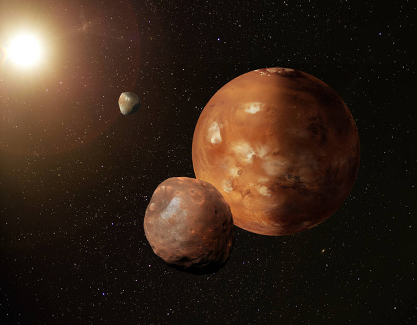 Ілюстрація планети Марс у зоряному просторі з її супутниками Фобосом і Деймосом. Деякі елементи, надані Насою. - Фото, зображення