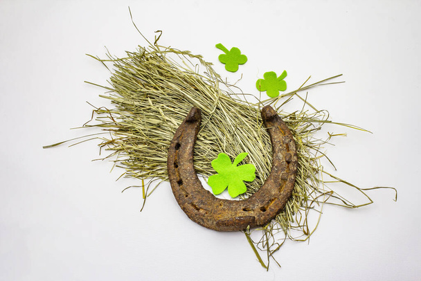 Cast iron metal horseshoe on hay, isolated on white background. Felt clover leaves, Good luck symbol, St.Patrick's Day concept, horse accessories - Photo, Image